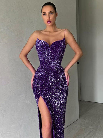 Women Evening Slip Dress Elegant Luxury Woman V-neck High Waist Tunic Midi Wedding Birthday Party Sequin Dresses Purple Red