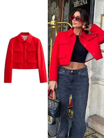 Lapel Pocket Red Jacket Women  Autumn Winter Long Sleeve Single-breasted Casual Short Coat Elegant Office Lady Commuter Tops