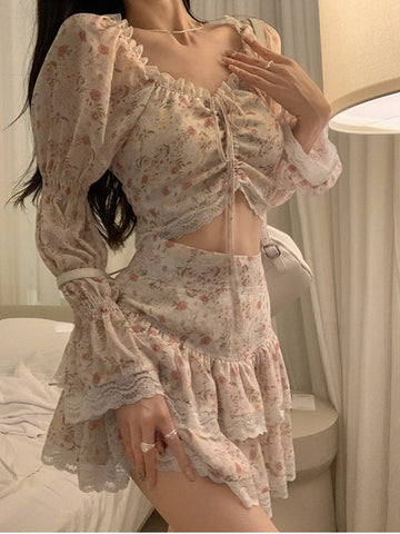 Summer Sweet 2 Piece Dress Set Woman Korean Fashion Suit Beach Floral Y2k Mini Skirt + Casual Lace Crop Tops Elegant Chic