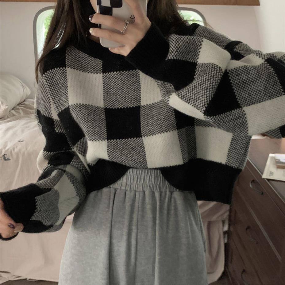 Cropped Sweater Korean O-neck Plaid Printing Preppy Style Pullover Sweater Women Simple Sweet Sweaters For Women Student Sweater