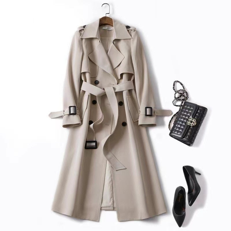 Spring Autumn Women Trench Solid England Style Long Sleeve Elegant Office Lady Coat Turn Down Collar Clothing