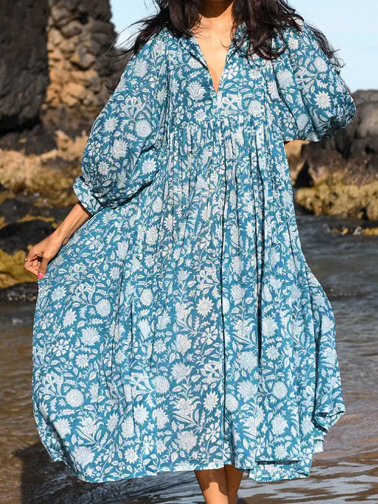 Oversized Casual Loose Dresses Women Summer Elegant Floral Printed Long Dresses Fashion Lantern Sleeve Boho Beach Holiday Dress