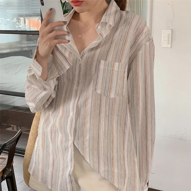 Vintage Striped Shirts Women Korean Fashion Simple Long Sleeve Turn Down Collar Blouse Office Lady Casual Loose Thin Tops