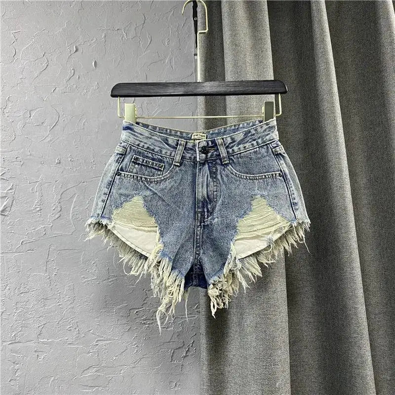 Fashion Korean White Jeans Hole Ripped Low Waist Denim Shorts Women