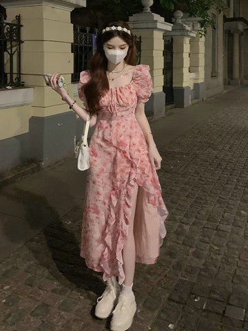 Vintage Puff Sleeve Irregular Print Dresses for Women Ruffled Elegant Casual Party Korean Fashion Floral Long Dress Summer