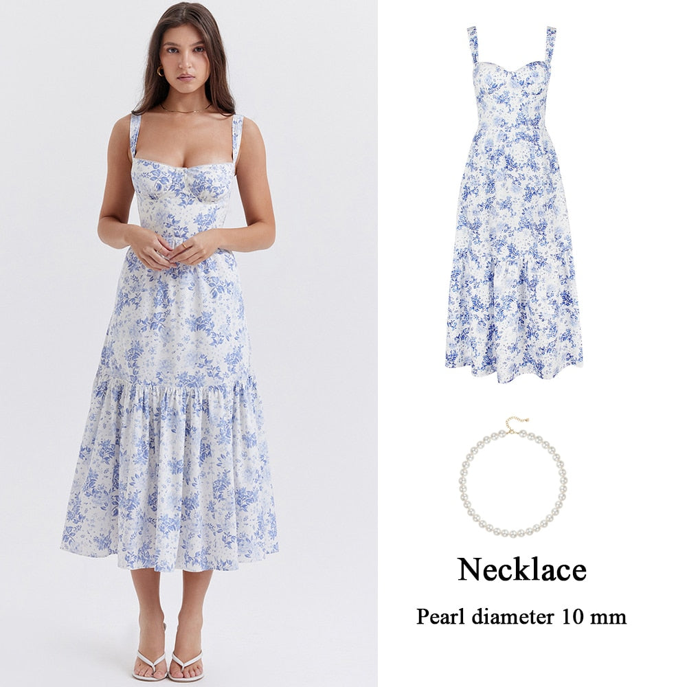 Blue Midi Floral Print Women's Summer Dress Elegant Long Casual Holiday Party Dress Streetwear New In Dresses