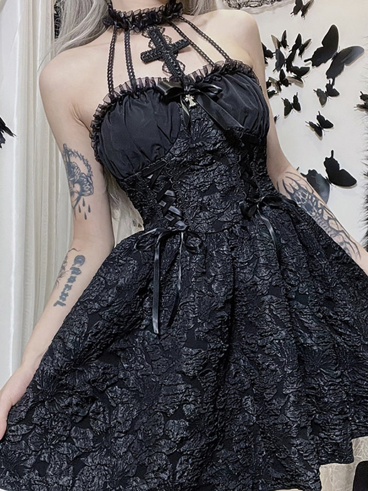 Goth Dark Gothic Emo Jacquard A-line Dresses Elegant Grunge Ruched Bandage Partywear Punk Black Women Halloween Club Dress