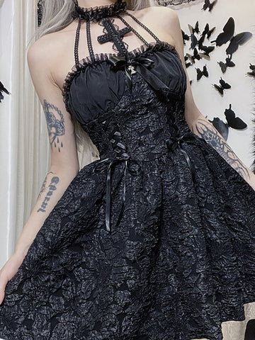 Goth Dark Gothic Emo Jacquard A-line Dresses Elegant Grunge Ruched Bandage Partywear Punk Black Women Halloween Club Dress