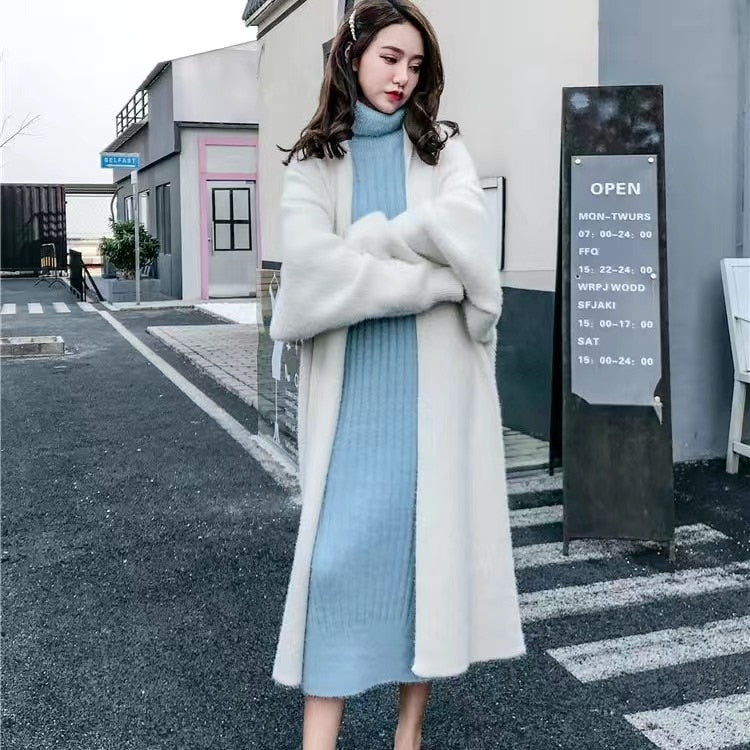 Imitation Mink Long Cardigan Women Casual Loose Soft Sweater Gilet Elegant Fall Winter Fluffy Knitwear Jackets Warm Knit