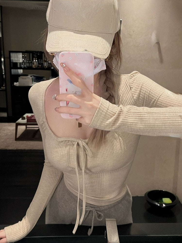 Spring Bodycon Slim Y2k Crop Tops Casual Basic Korean Fashion Pullover Woman Design Long Sleeve Elegant Clothing Female