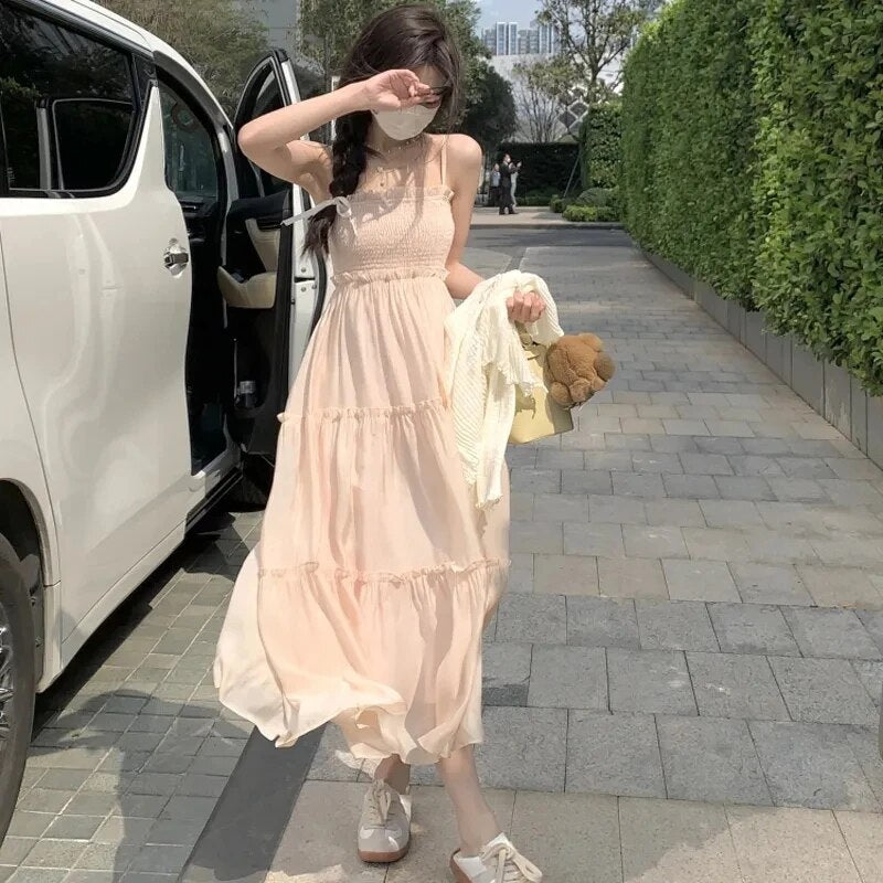 Korean Fashion Summer Strap Dresses For Women Y2k Chic Sleeveless Lace-Up Loose Pink Casual Midi Dress Elegant Sukienka