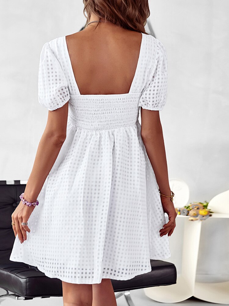 Elegant Solid Puff Short Sleeve Mini Beach Dress Summer Square Collar Hem Party Dress New Women Chic Office Commute A-line Dress