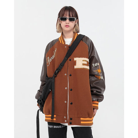 Women's Khaki Patchwork Baseball Jacket Outerwear Vintage Embroidery Letter Long Sleeves Baggy Casual Fashion Tops Autumn Ladies