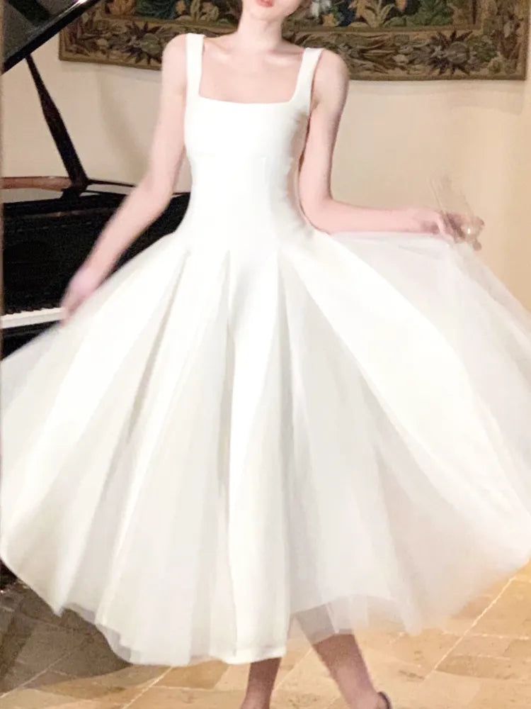 Summer Elegant Y2k White Mini Dress Women Fairy Evening Party Strap Dress Retro Sleeveless Mesh Dress Korean Vestido Sundress