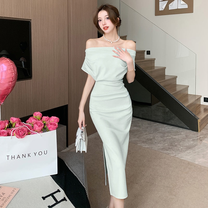 French Temperament Celebrity Wind Sexy Strapless Oblique Collar Dress Female Spring and Summer Slim Open Package Hip Long Dress