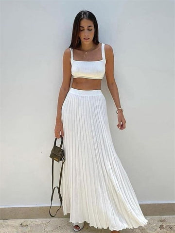 White Knit Two Piece Women Sets Fall Ribbed Tank Top And Pleated Knitted Skirt Suits For Women Long Dress Sets Summer