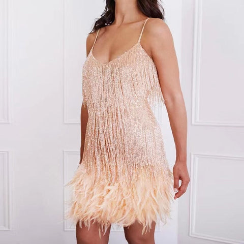 Sexy Tassel Sequins Feather Mini Dress Women Spaghetti Strap Stitching Dresses Female Elegant Evening Party Club Dress