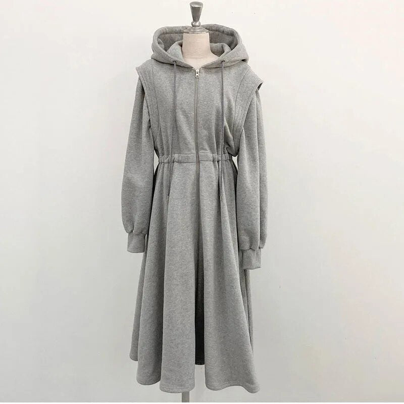 Fashion Chic Hooded Dress Women's Spring New Loose Zipper Long Sleeve Big Swing Mid-calf Dresses Female