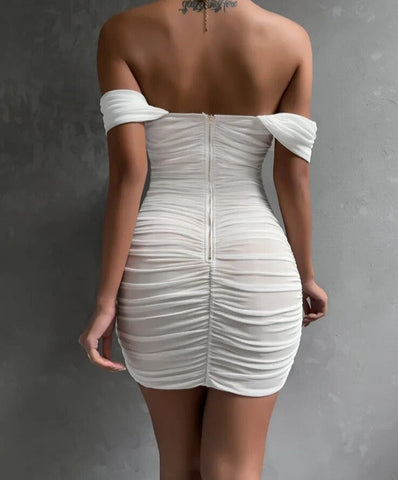 Off Shoulder Mesh White Dresses For Women Backless Ziper Sexy Ruched Bosycon Dress Female Sheath Summer Vestidos