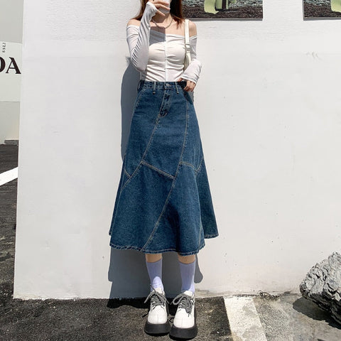 Vintage Women Denim Trumpet Skirt Streetwear Casual Irregular Patchwork A Line High Waist Ladies Mermaid Jean plaid Skirt