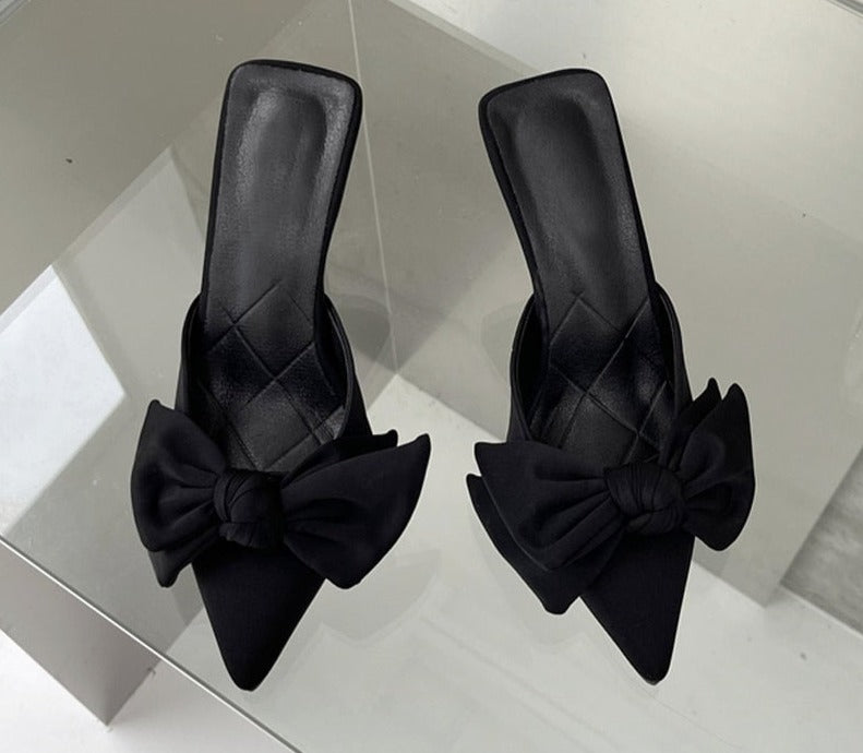 Autumn Big Butterfly-knot Women Slippers Sandals Shallow Pointed Toe Mules Stripper High Heel Pumps Ladies Shoes