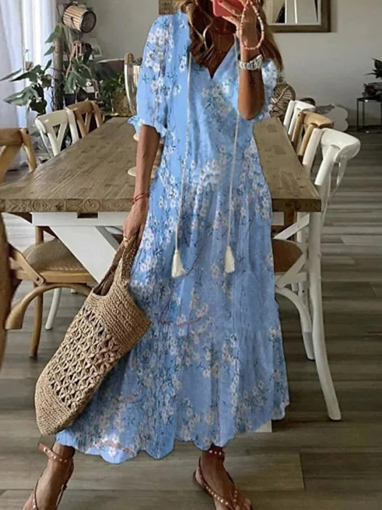 Sexy Women V Neck Party Dresses Vintage Printed Boho Long Dresses Elegant Flying Sleeve Fashion Sexy Slim Maxi Dress Mujer