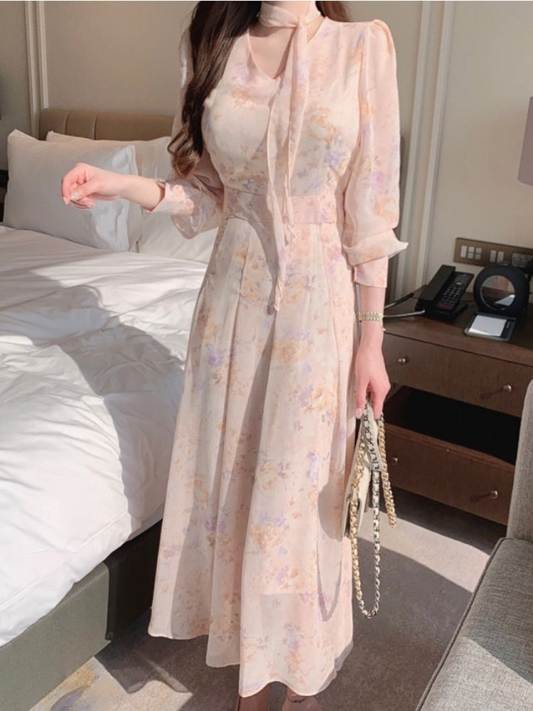 Spring Elegant V-Neck Midi Dress Female Long Sleeve Slim One Piece Dress Korean Fashion Vintage Floral Chiffon Dress Women