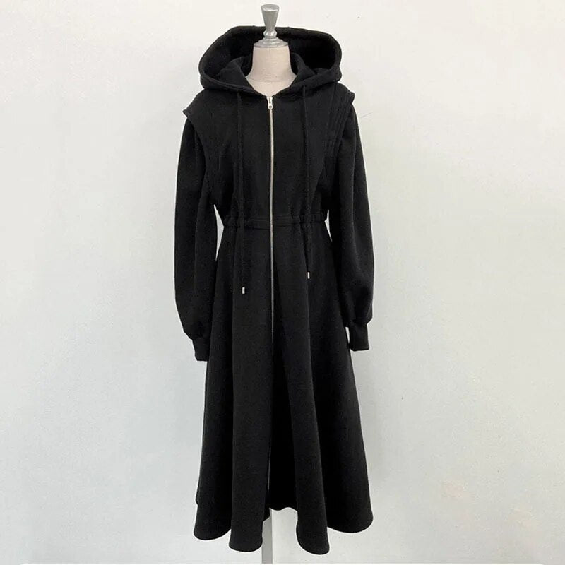 Fashion Chic Hooded Dress Women's Spring New Loose Zipper Long Sleeve Big Swing Mid-calf Dresses Female