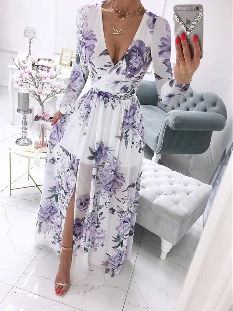 New Sexy V-Neck Women Sleeveless Solid Party Dress Casual Draped Festive Dress Elegant Summer Chiffon Wrap Slit Maxi Dress Mujer