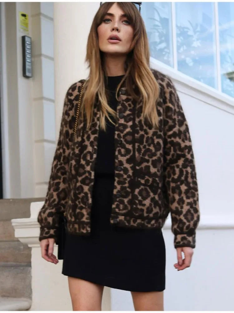 Leopard Print Vintage Wool Women O-neck Coat Single Breaste Long Sleeve Fleece Warm Casual Jacket Autumn Chic Lady Overcoat