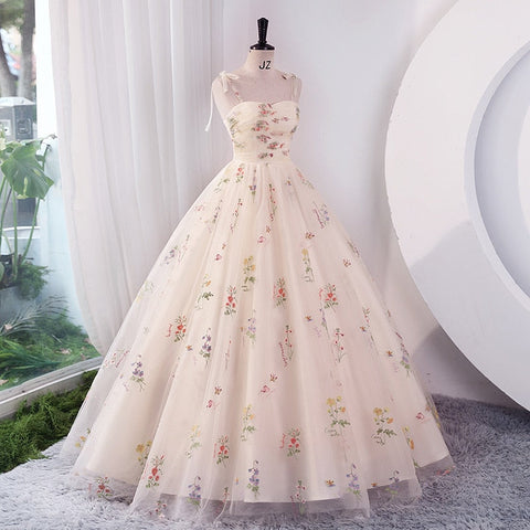 Luxury Floral Embroidery Long Prom Evening Dresses for Women Summer Elegant Suspender Mesh Party Formal Host Princess Dress