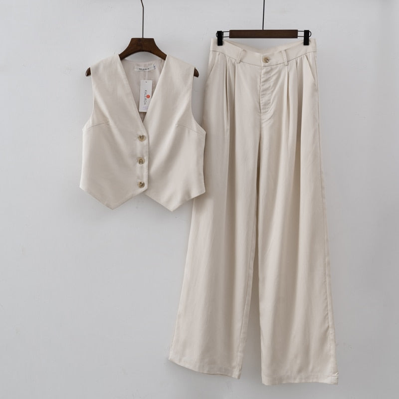 Women Fashion Linen Top Pants 2 pcs Sets Summer Sets