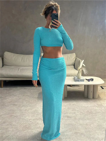 Patchwork Slim Female 2 Piece-Set Fashion Long Sleeve Crop top And Maxi Skirt Sets High Street Pullover For Women Outfits