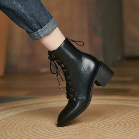 New Autumn/Winter Split Leather Women Boots Round Toe Chunky Heels Boots for Women Short Boots Zapatos Mujer Lace High Heels