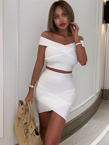 Free Shipping New Summer Dress Women Sexy Off the shoulder 2 Pieces White Bandage Dress Elegant Party Dress Vestido