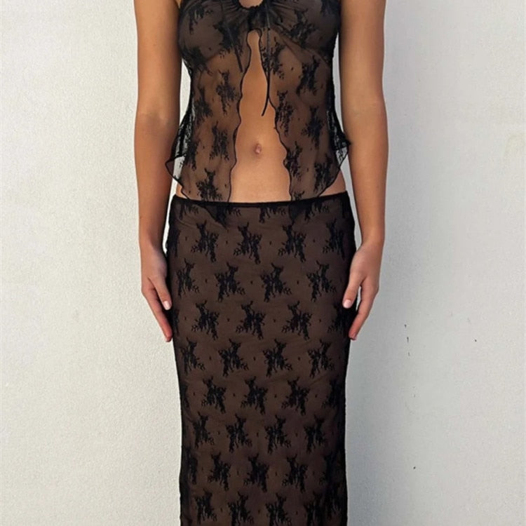 2pcs Set Women Lace Bustiers Strapless Off Shoulder Tube Tops Party Club Mesh See Through Tank Low Waist Long Skirts