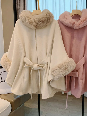 Elegant Autumn Winter Rex Rabbit Fur Collar Belt Knitted Poncho Cape Shawl Woolen Large Size Women's Coat