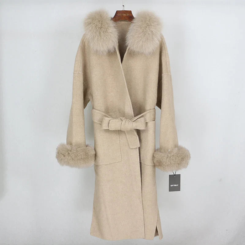 New Oversize Loose Cashmere Wool Blends Real Fur Coat Winter Jacket Women Natural Fox Fur Collar Hood Outerwear Belt