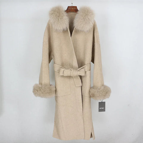 New Oversize Loose Cashmere Wool Blends Real Fur Coat Winter Jacket Women Natural Fox Fur Collar Hood Outerwear Belt