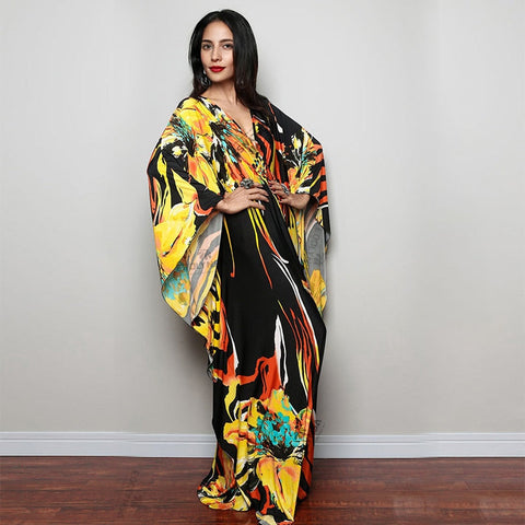 Print Maxi Dress Batwing Sleeve Tunic Spring Autumn Beach Dress Casual Plus Size Women Beachwear Kaftan Cover-ups Pbong mid size graduation outfit romantic style teen swag clean girl ideas 90s latina aesthetic