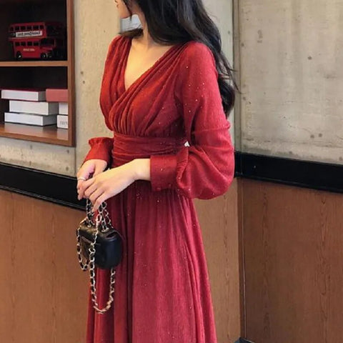 Spring Autumn V-neck Elegant Fashion Sequins Dresses Women Long Sleeve Temperament Evening Party Maxi Dress Robe Femme Vestidos