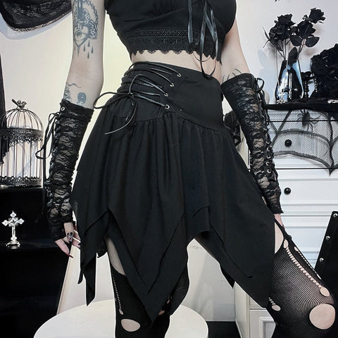 Bandage Side Pointed Hem Mini Skirt Grunge Style Black High Waist A-line Skirt Punk Emo Sexy Women Alternative Bottoms