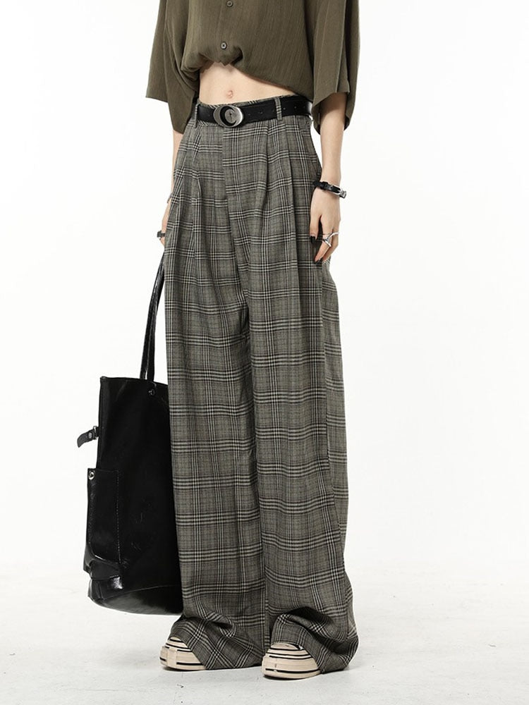 Classic Retro Plaid Design Harajuku Straight Women Long Trousers Loose Wide Leg Pants Baggy Korean Fashion Y2k Streetwear