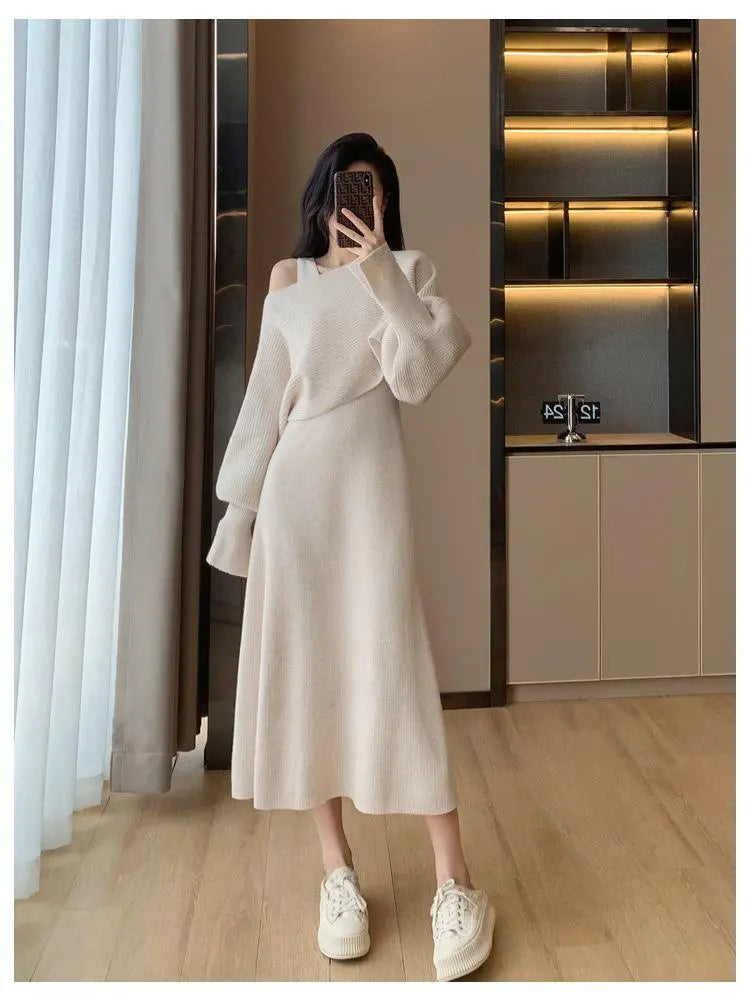 Autumn Winter Vintage Solid Long Sleeve Knitted Sweater Dress Women V Neck Slim Vest Dresses+ Lantern Sleeve Loose Tops Set