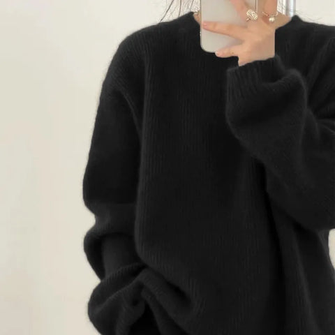 European goods autumn winter new round neck cashmere sweater female thick languid lazy wind dark gray sweater loose knit sweater