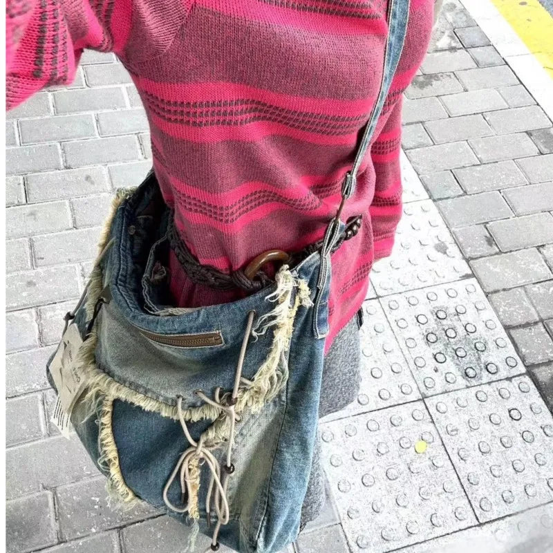 Denim Crossbody Bag Women Y2k Grunge Vintage Aesthetic Tassel Casual Messenger Bag Female Harajuku Retro Solid Handbag