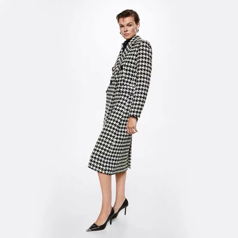 Fashion Houndstooth Faux Wool Jacket Women Autumn Korean Elegant Single Breasted Long Overcoat Winter Thick Warm Blend Outwear