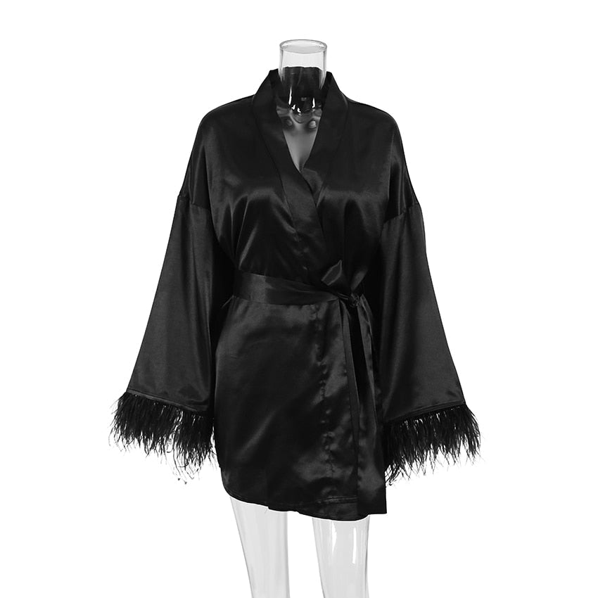 Feather Bathrobes Satin Sexy Mini Dress Long Sleeve Loose For Women Robe White Wedding Dress Black Bride Dresses