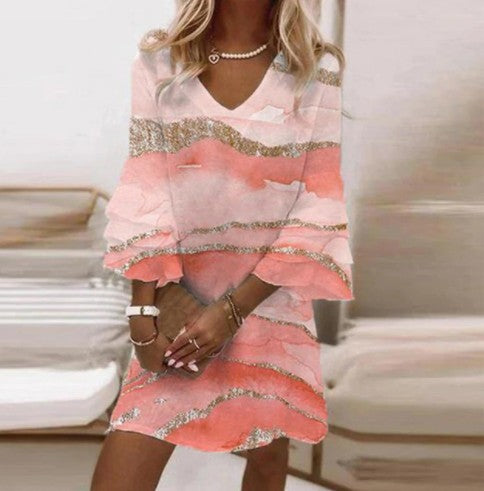 Pbong mid size graduation outfit romantic style teen swag clean girl ideas 90s latina aesthetic Women Fashion A-Line Dress Vintage Marble Print Flare Sleeve V-Neck Loose Mini Dress Female Summer Elegant Beach Dress Vestidos