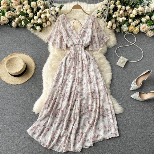 Retro Floral Print Ruffle Chiffon Elegant Midi Dress A-line V Neck Beach Vacation Dress Women Korean Fashion Summer Vestidos